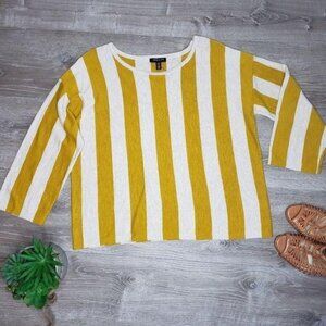 Kenneth Cole NWT Womens Mustard yellow Cream Striped Sweater 3/4 sleeve Size XL